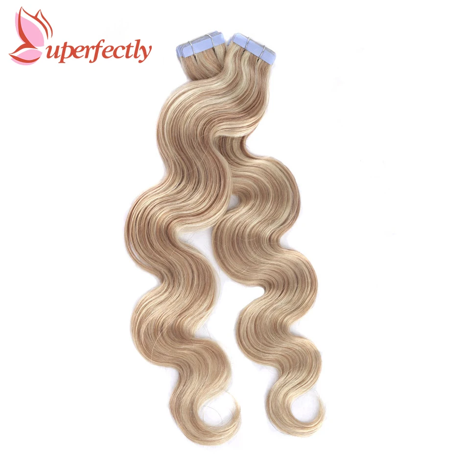 Uperfect-وصلات شعر ريمي ، شعر بشري ، موجة جسم ، أشقر ، لون Balayage ، جانب مزدوج ، شريط لاصق ، 12-26 بوصة