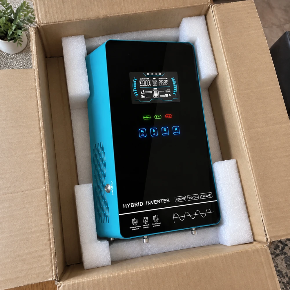 4000W Hybrid Solar Inverter 24V DC to 110V AC, 4KW Off-Grid Pure Sine Wave Inverter Charger with 140A MPPT Controller, for Home Backup RV Cabin Farm, Supports Gel/Flooded/Lithium Battery