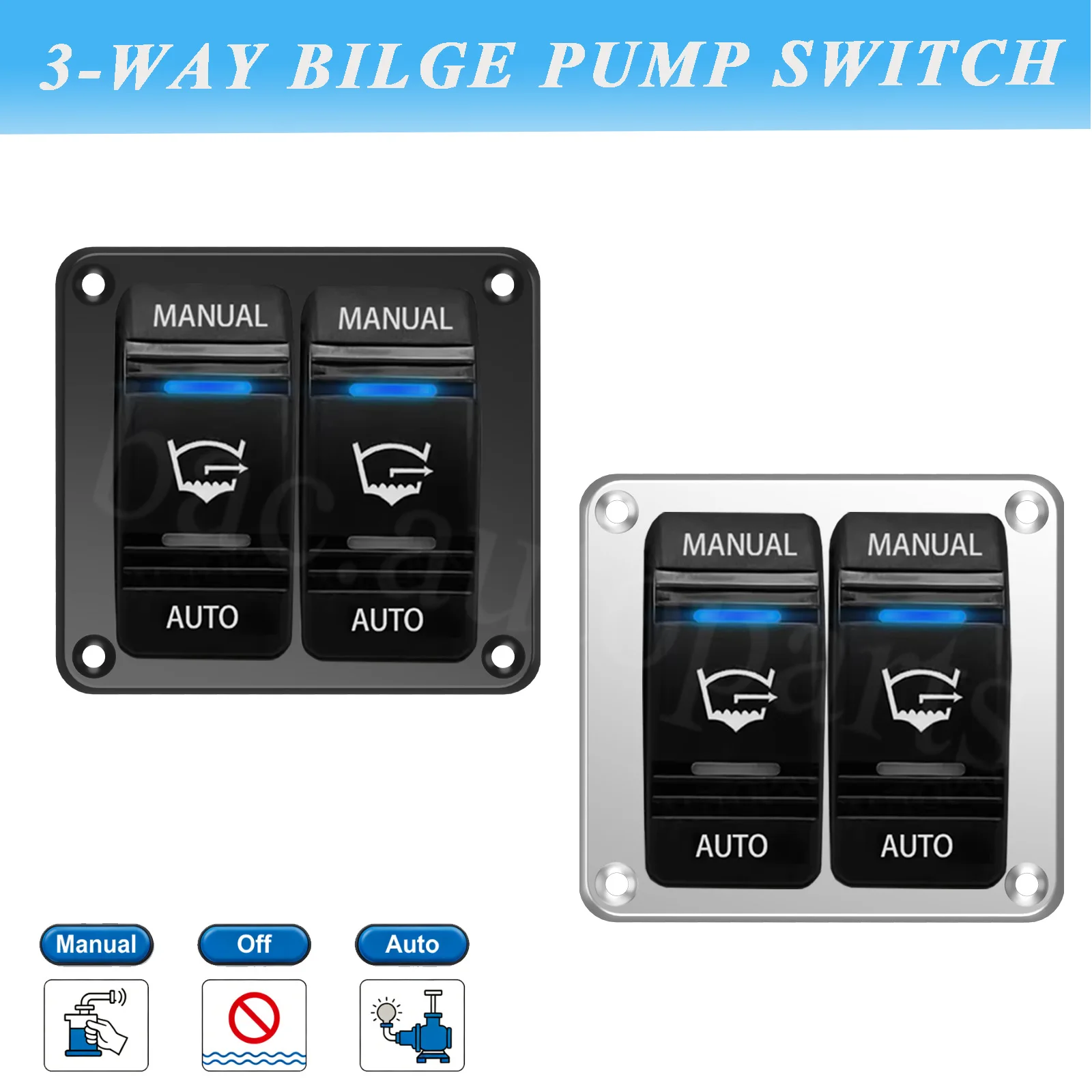 Bilge Pump Switch Panel 2G 3 Way Rocker Switch Manual/Off/Auto 12V/24V Waterproof IP66 20A with LED Light for Marine Boat Yacht