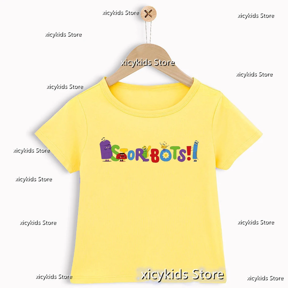 New Kids T shirt Funny Cartoon Ask the StoryBots Graphic Print T-shirt for Boys Cute Boys Yellow Shirt Fashion Tshirt Wholesale