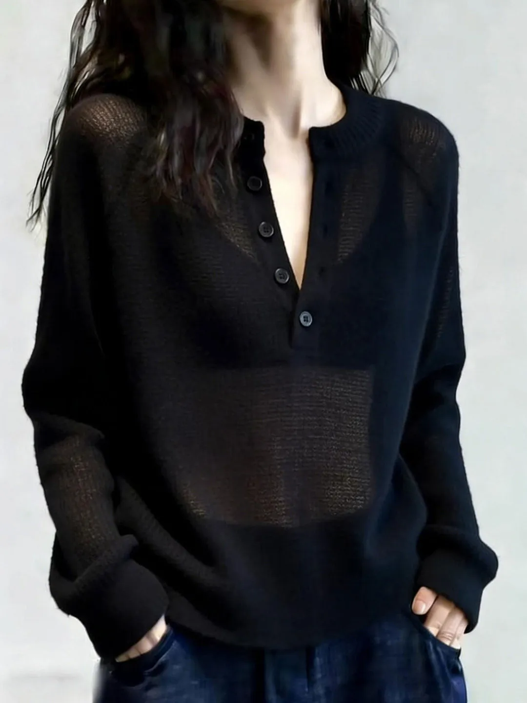 Black Mesh Hollow out V-Neck Sun Protection Knitted Top Women Summer Transparent Loose Air Conditioning Cover Long Sleeve Shirt
