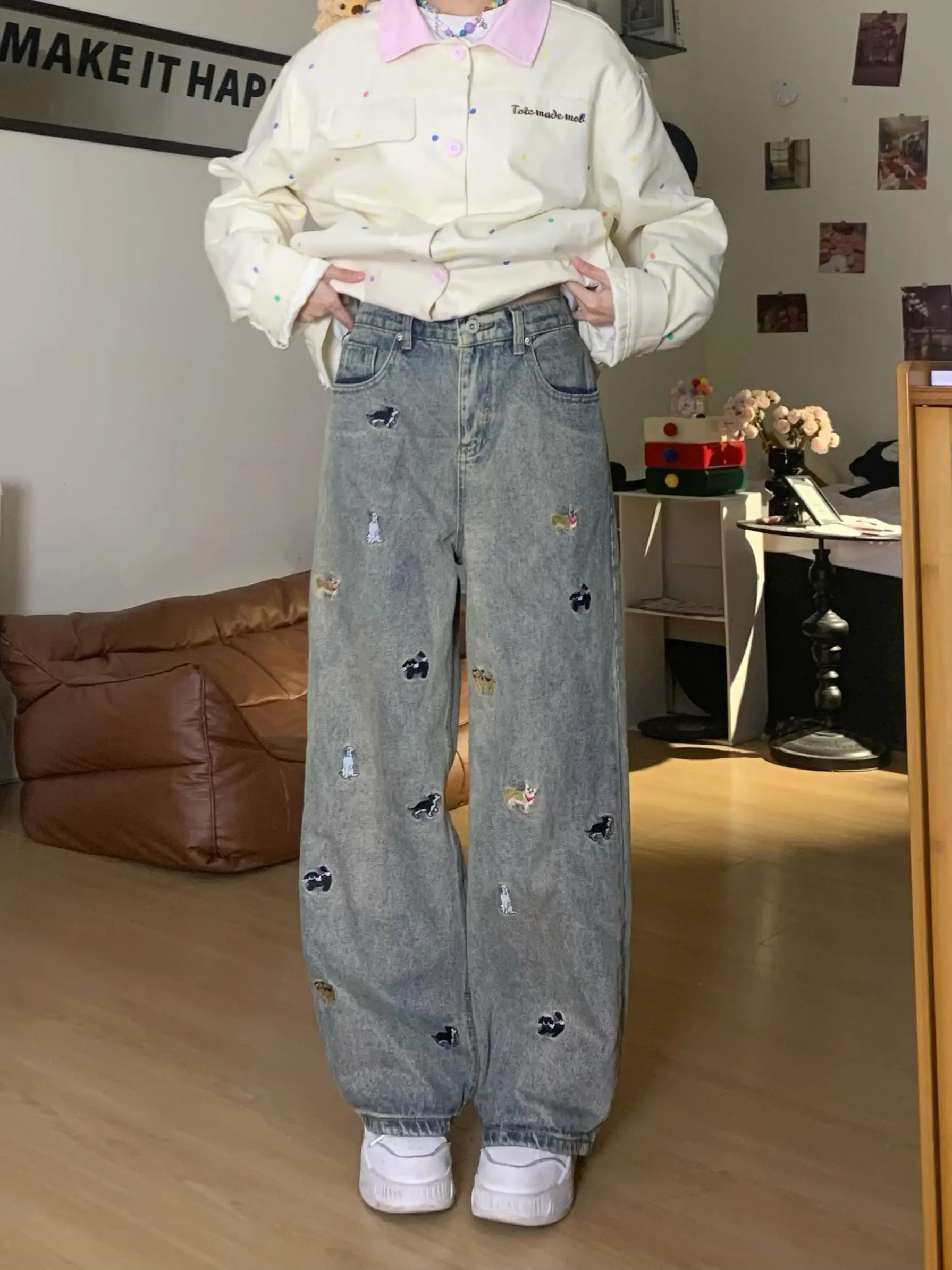 

Джинсы женские с вышивкой в стиле ретро с принтом собаки, широкие, свободного кроя, прямые, удлиненные, с высокой талией, в американском стиле, стройнящие фигуру