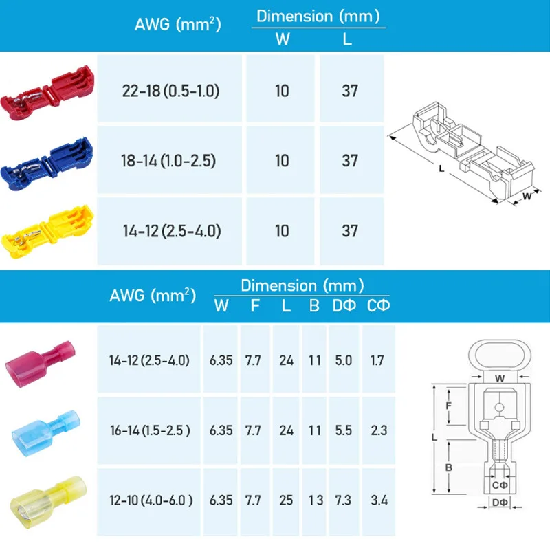 120/240Pcs T Type Quick Splice Wire Terminals Kit Insulated No Cut Cable Branch Connector Assortment Box