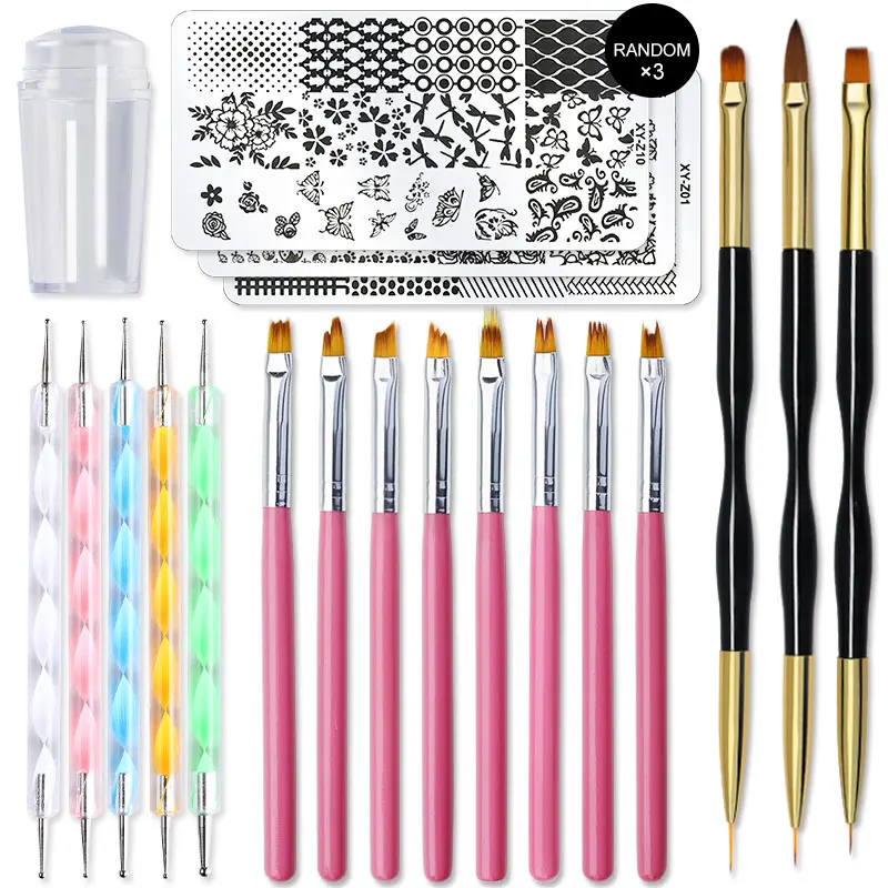 

Parkson Nail French Line Brushes Beginner Set Acrylic UV Gel Polish Brush Two Way Dot Pen With Nail Art Templates Stamping Plate