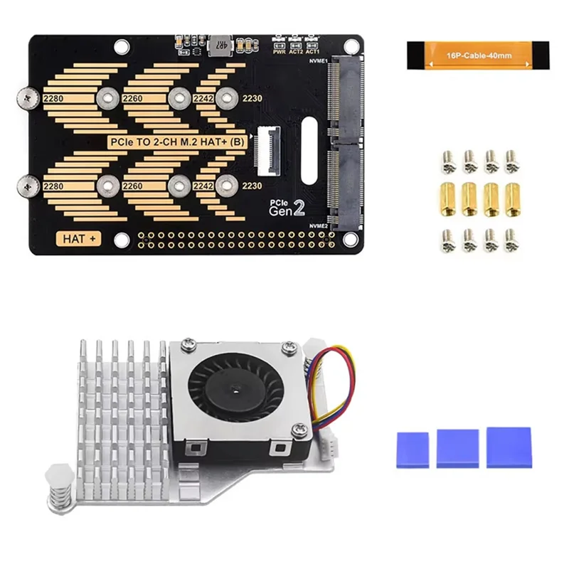 

For Raspberry Pi 5 Pcie To 2CH M.2 HAT (B) Compatible 2280 Nvme M.2 SSD HAT With 16P Cable 5Gbpsdata Rate With Cooler