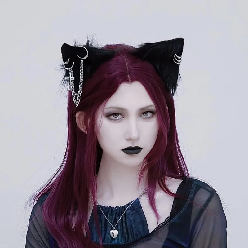 Cat Cosplay Ears Accessories Punk Gothic Cross Cat Ears Headbands Clips