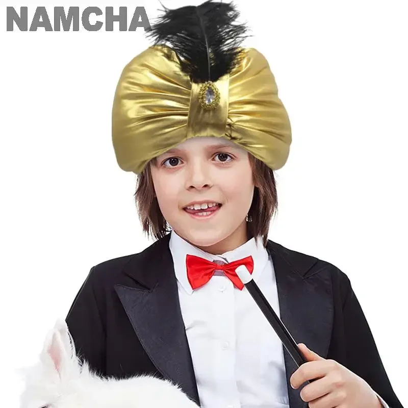 SN55Indian Arab Bright Gold Hat Turban Headwrap Ethnic Feather Pleated Adult Men Sultan Clothes Headdress Hats Halloween Pa@54WE