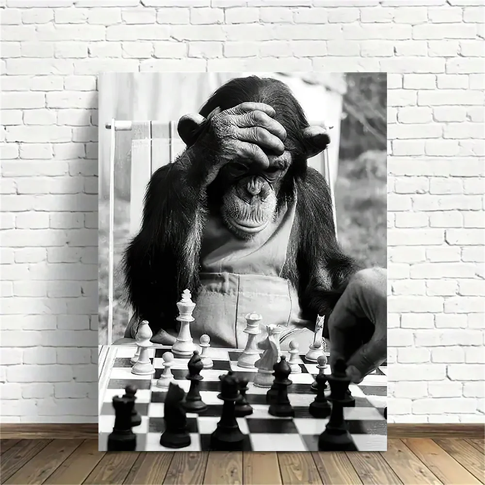 Classic Vintage Animal Wall Art Monkey Playing Chess HD Canvas Printed Poster Home Living Room Bedroom Decorative Painting