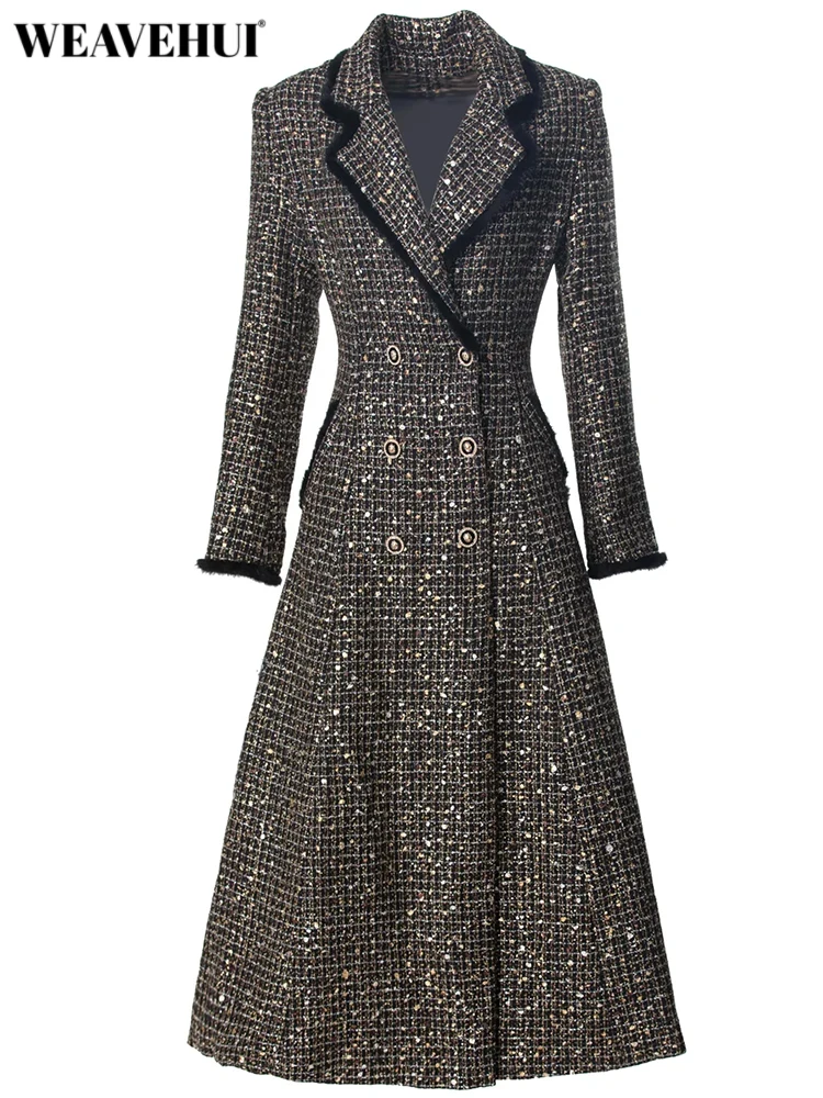 WEAVEHUI Women's Plaid Tweed Coat Autumn Double Breasted High Street Outerwear Long Sleeves with Feathers Pockets