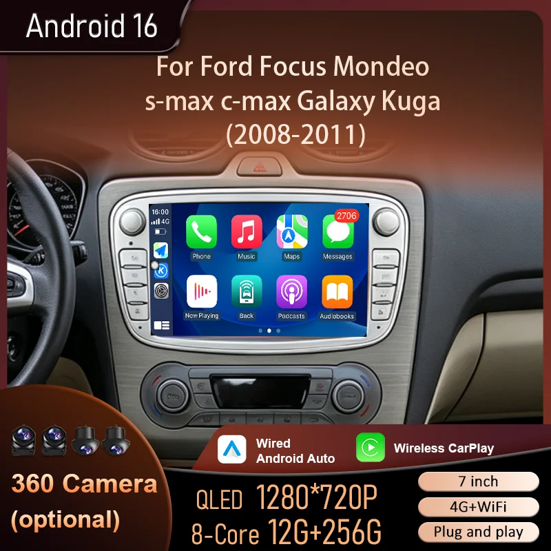 7' QLED Touch for Ford Focus Mondeo S-Max C-Max Galaxy Kuga 2008-2011 Android16 BT 4G WiFi GPS DSP Split Screen Car Radio Navi