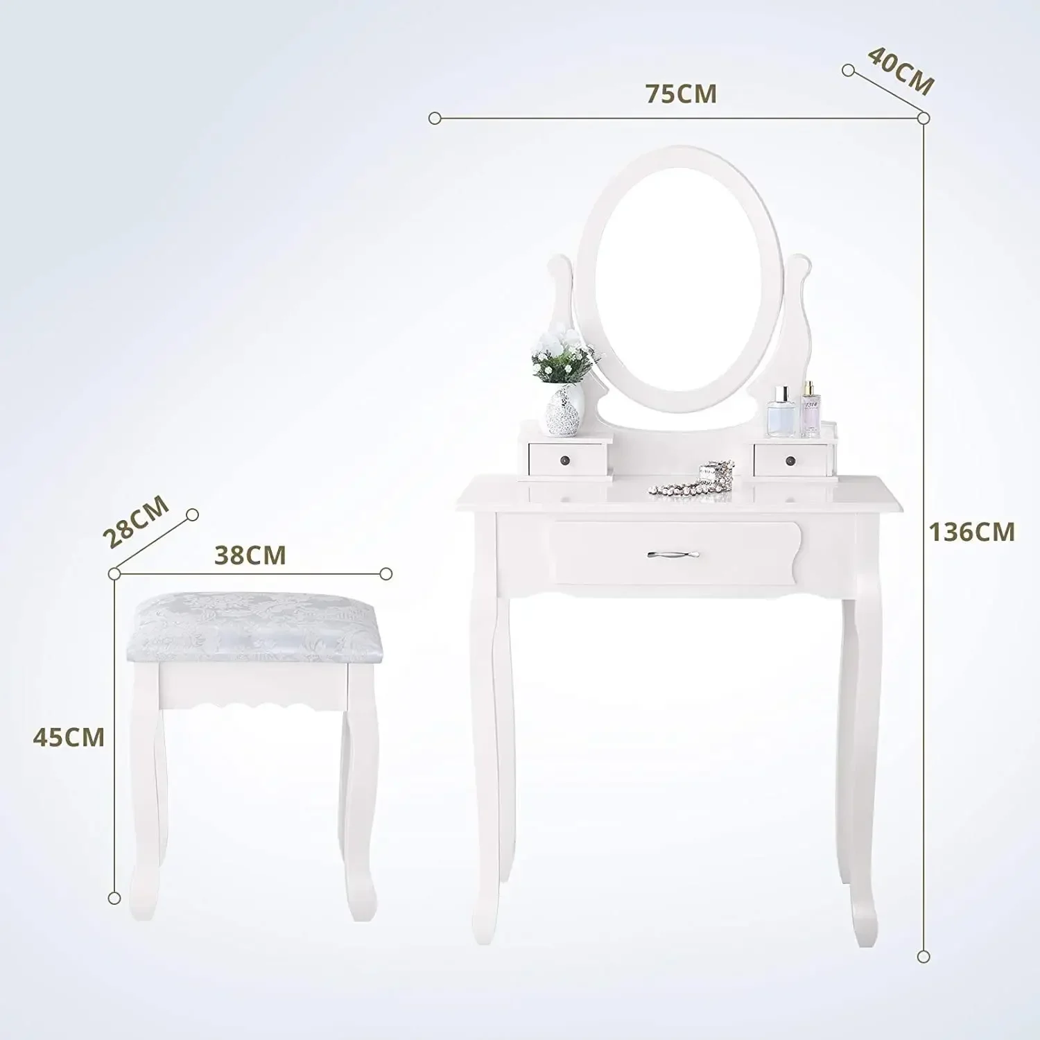 Coiffeuse Rosahqnda avec tabouret, avec 360 ° miroir rotatif, coiffeuse amovible, table de maquillage, maquillage filles/femmes