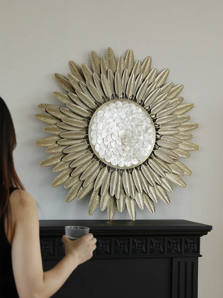 Luxury Golden Metal Wall Decor with Mother of Pearl Center Modern Wall Decoration for Living Room Entryway Hallway