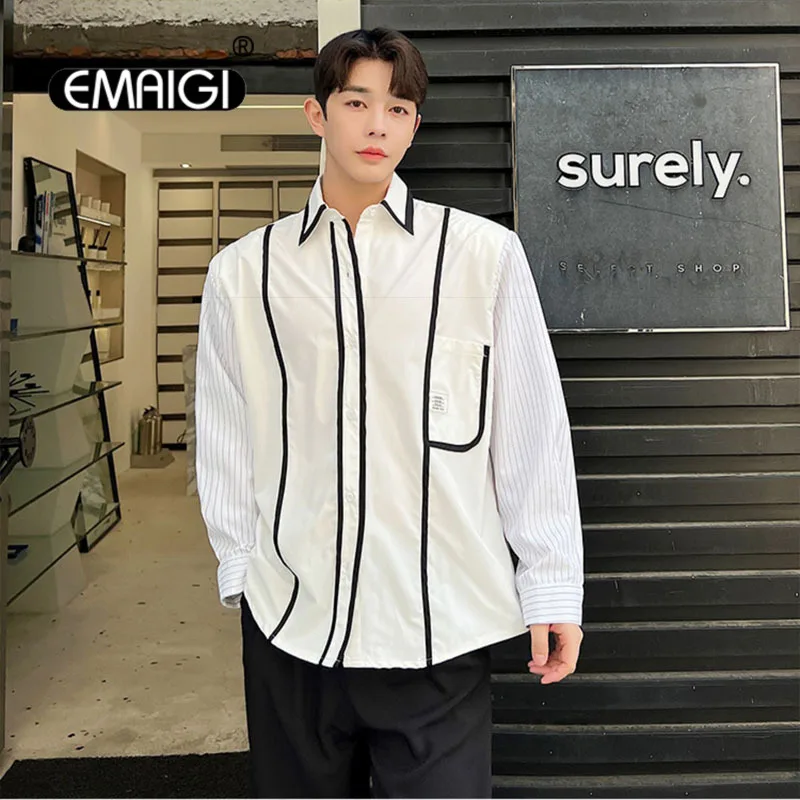 

Men Net Celebrity Korean Streetwear Fashion Loose Casual Splice Stripe Long Sleeve Shirt Male Vintage Dress Shirts Blouses