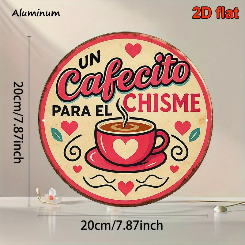 2D Flat, 1pc Spanish Coffee & Cafecito-Themed Round Metal Wall Plaque - Retro Spanish Phrase Sign with 