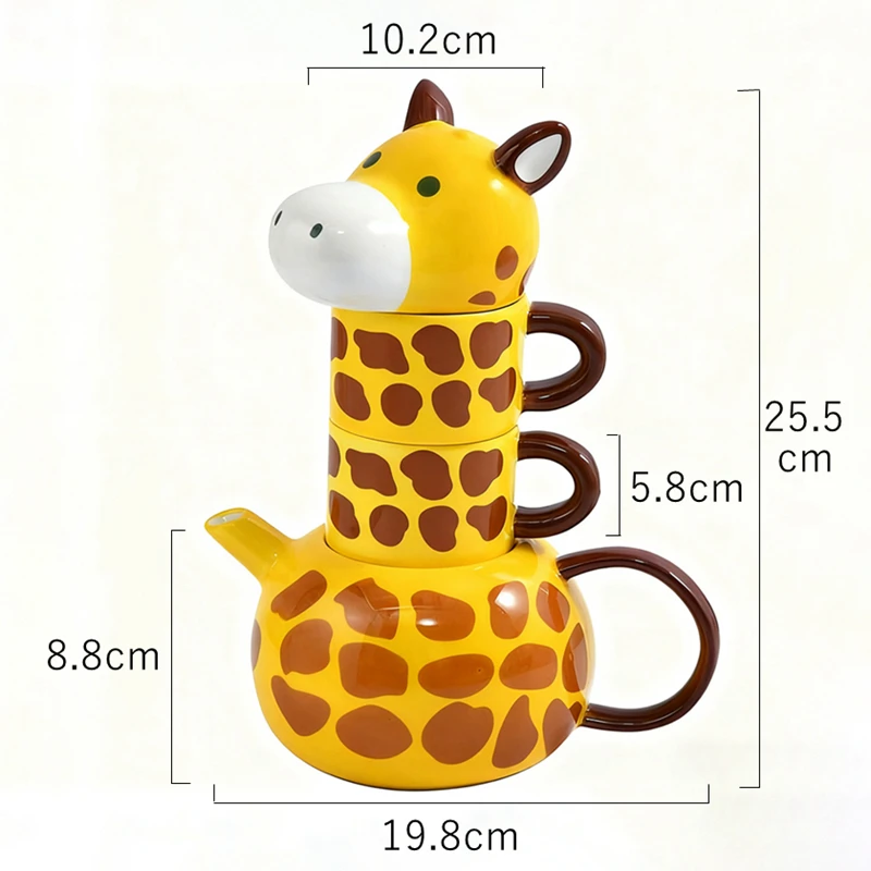 Cute Hand-Painted Giraffe Ceramic Teapot Set with 2 Mugs & 2 Spoons, Animal Tea Kettle Coffee Cups Microwave Safe