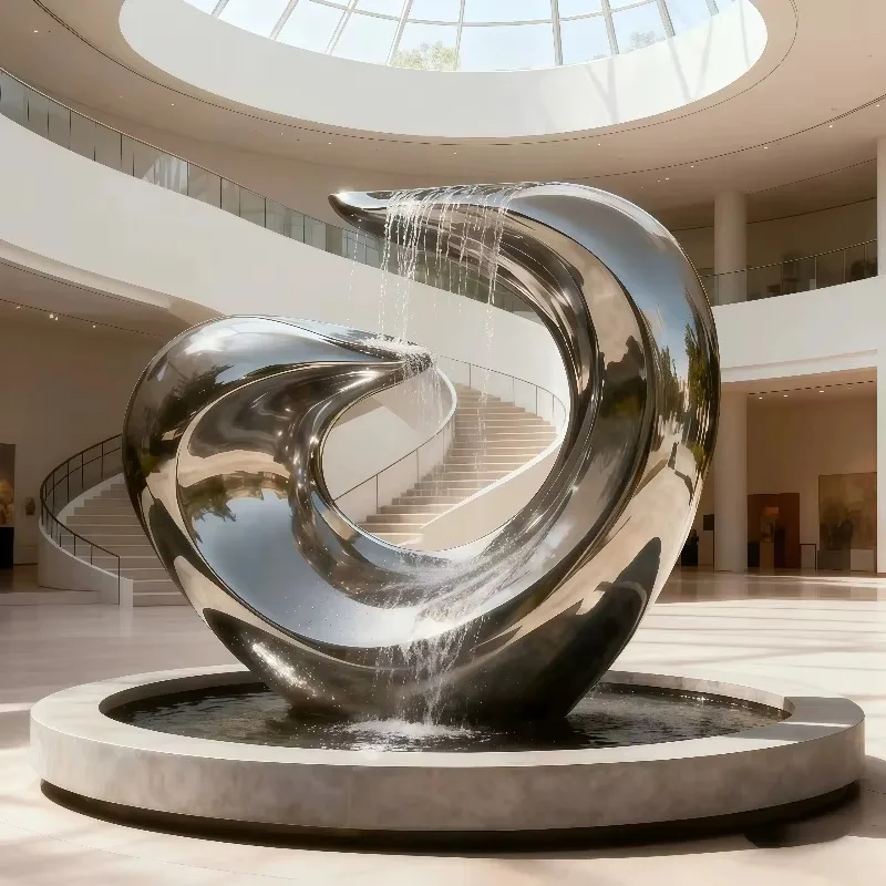 Curved Loop Polished Metal Water Flow Sculpture Round Flat Basin Base Indoor Outdoor Large Floor Landscape Art Ornament