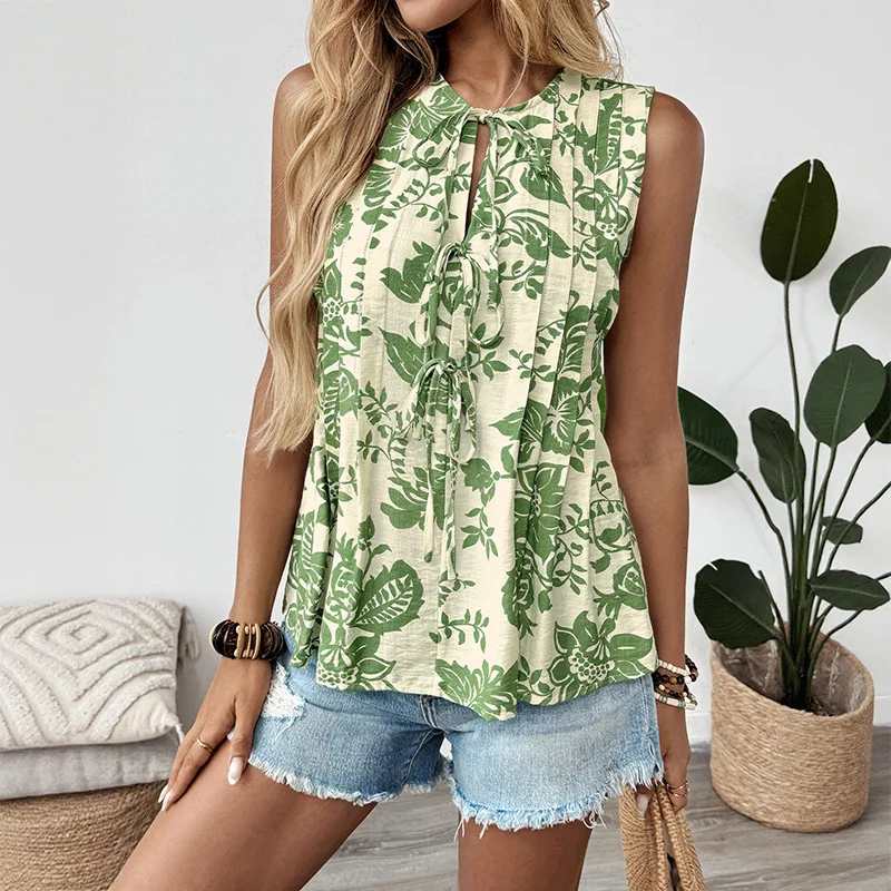 

Summer 2025 Top Printed Lace Up Women's Sleeveless Shirt Elegant Casual Lace Up Pleated Design Flower Print Sleeveless Vest Top