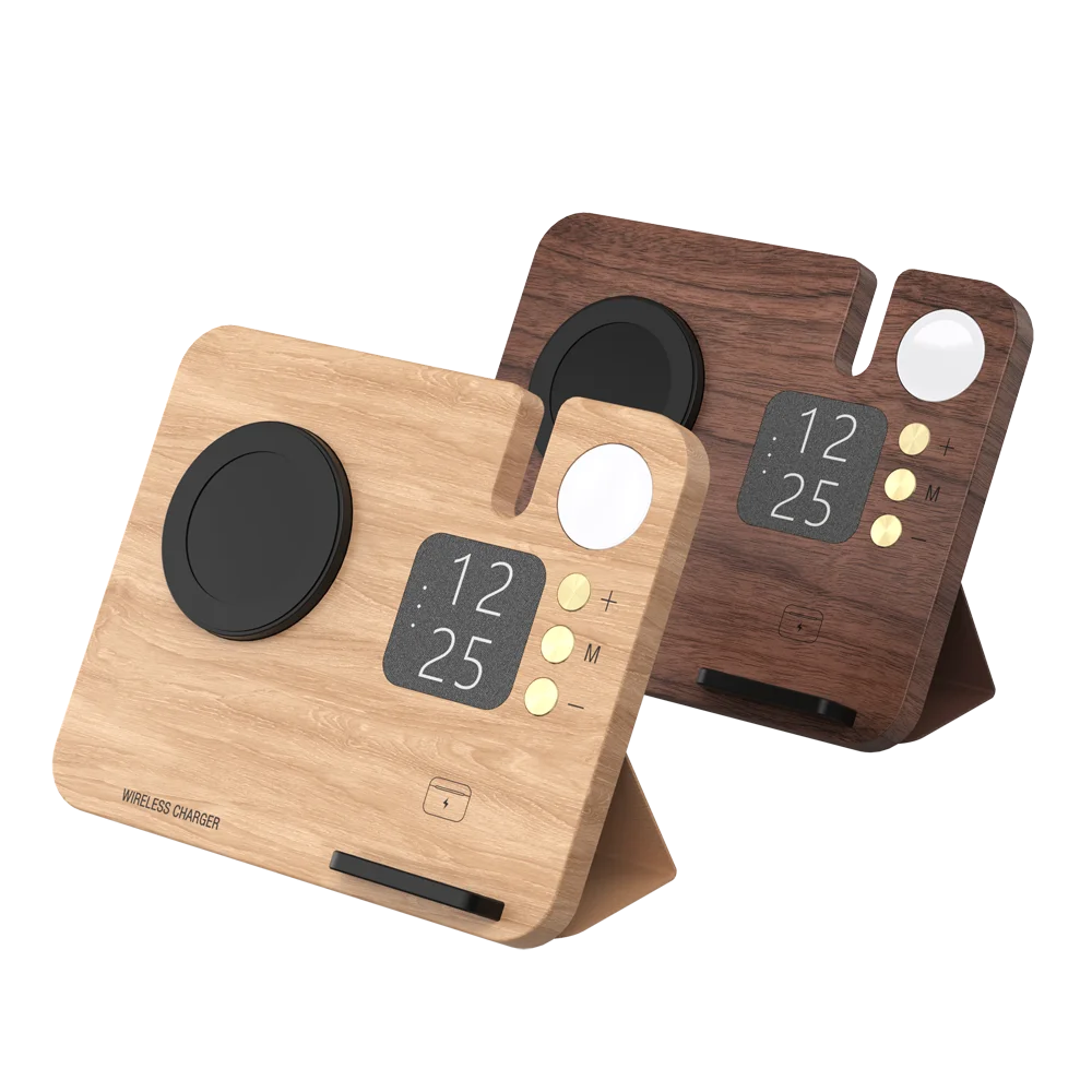 2025 New Arrivals Multifunctional Wooden Docking Holder 3 in 1 Magnetic Wireless Charger Station Phone Holder for iPhone