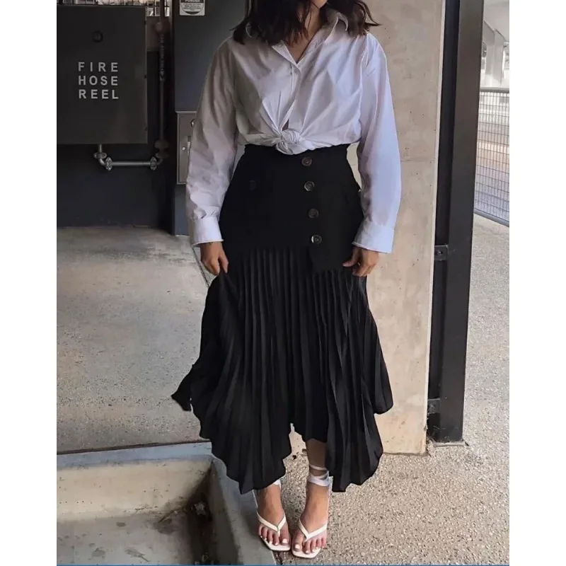 New Irregular Chiffon Panel Pleated Multi Button Pocket Long Half Skirt  Fashion Long Dress Casual Party Club White Skirt