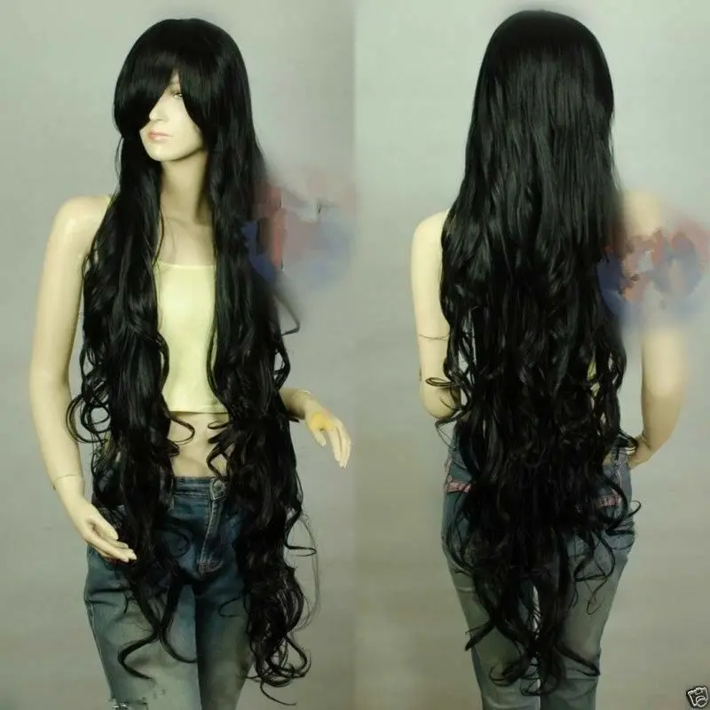 

100cm New Black Sexy Extra Long Wavy Cosplay Wig