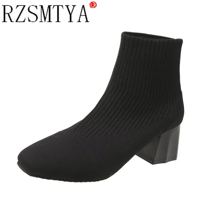 Women Sock Boots Knit Fabric Med Heel Round Toe Pumps Boot Short Ankle Length Female Fashion Heels Autumn Winter