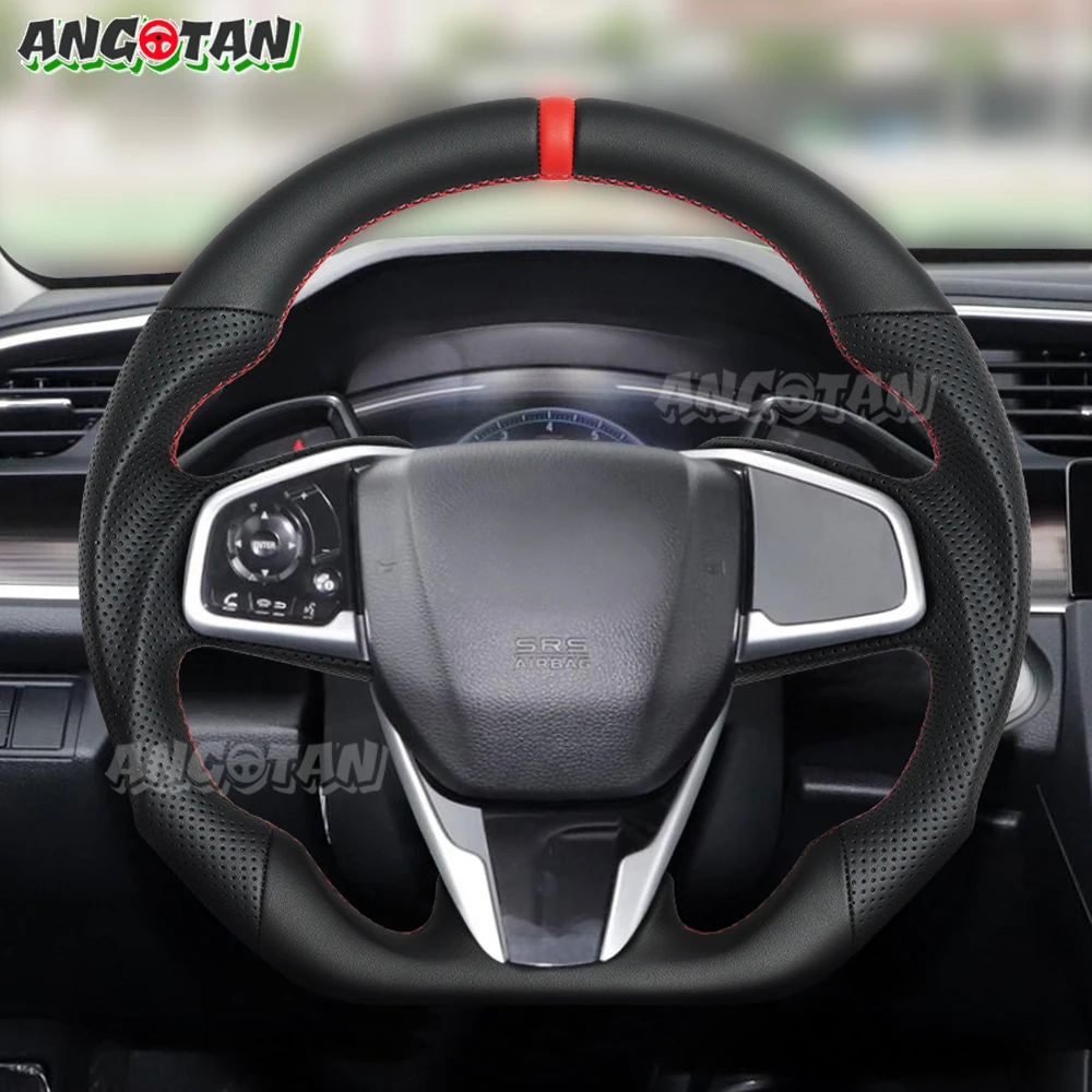 Full Leather Steering Wheel For Honda Civic Gen 10th Type R 2016-2021 Black Smooth Leather Steering Wheel Flat Bottom D-Shape