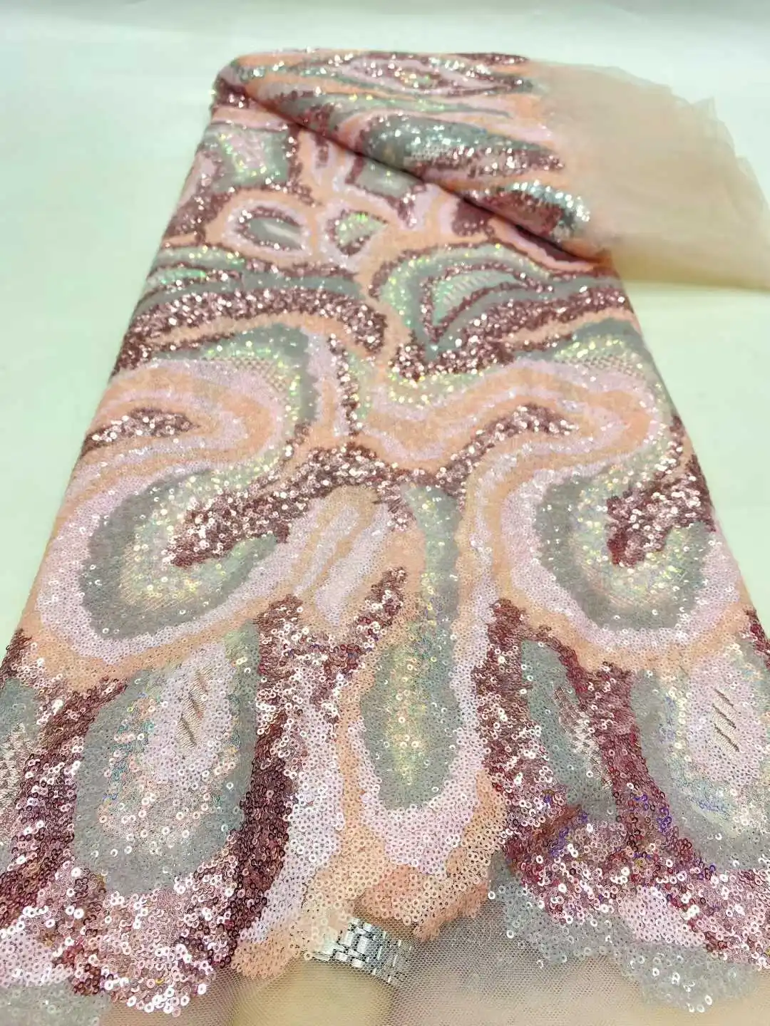 Pink 2025 Latest African Nigerian High Quality  with Tulle Sewing Lace Fabric Dresses Sequins Guipure Embroidery 5 Yards CC1409
