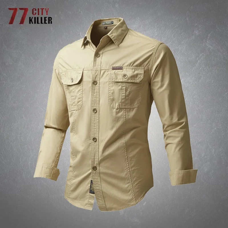 

Cargo Long-sleeved Shirts Mens Sping New Casual Comfortable Washable Wrinkle Resistant Solid Color Tactical Military Shirt Male