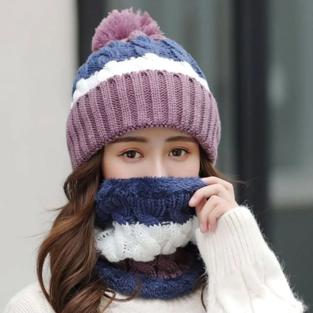2PCS/Set Winter Warm Knitted Hat Neck Protection Windproof Beanies Hat Outdoor Plush Scarf Set Women