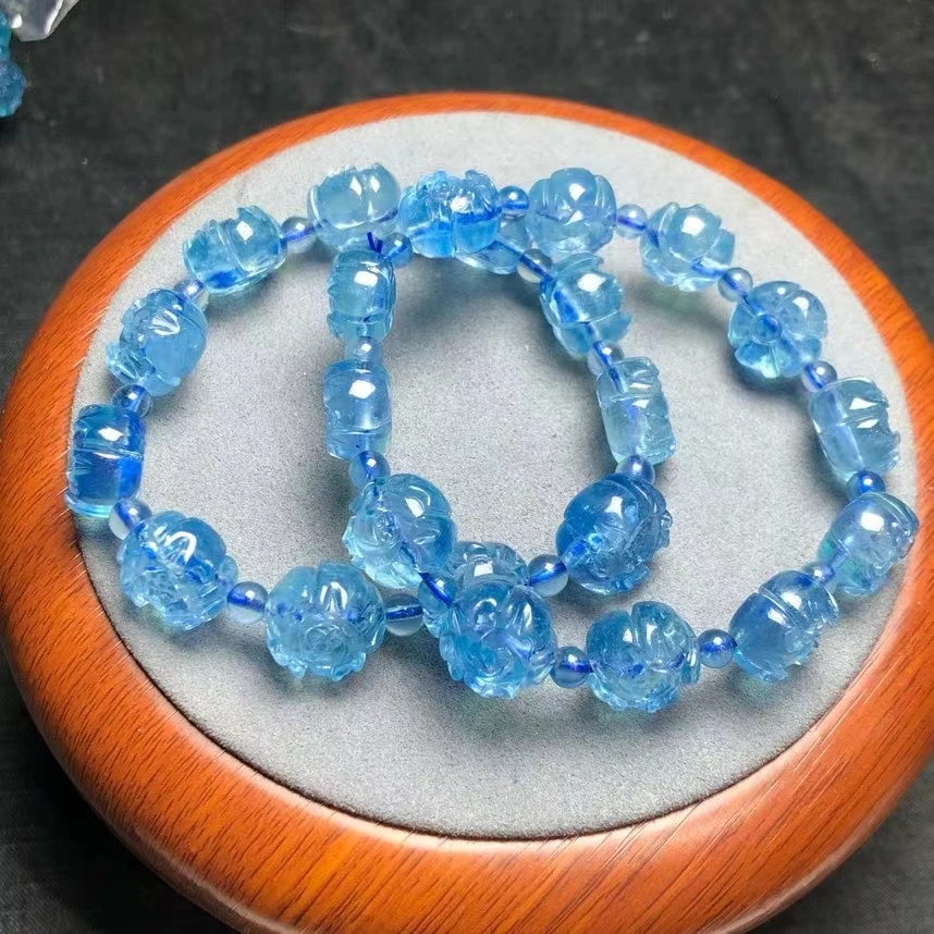 

Natural Blue Aquamarine Quartz Flower Bracelet 14x14mm Clear Round Beads Gemstone Wealthy Stone For Women Men AAAAAAA