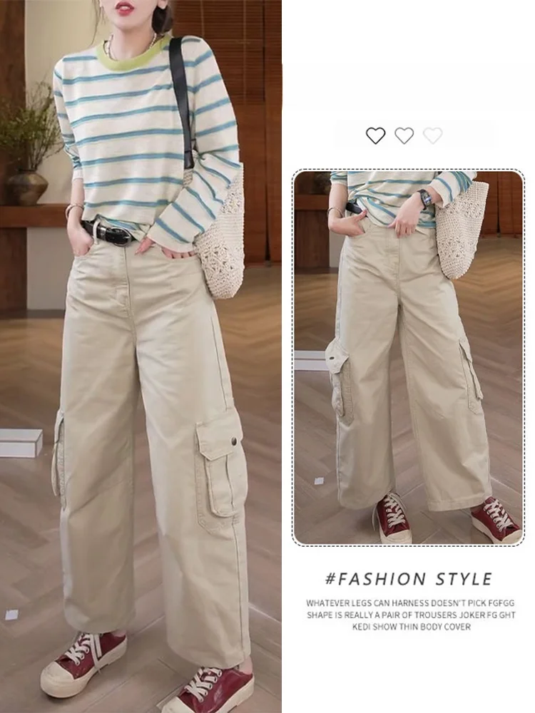 Khaki Wide Leg Workwear Trousers for Women High Waist Loose Multi Pockets Casual Straight Cut Pants Spring Autumn New Style