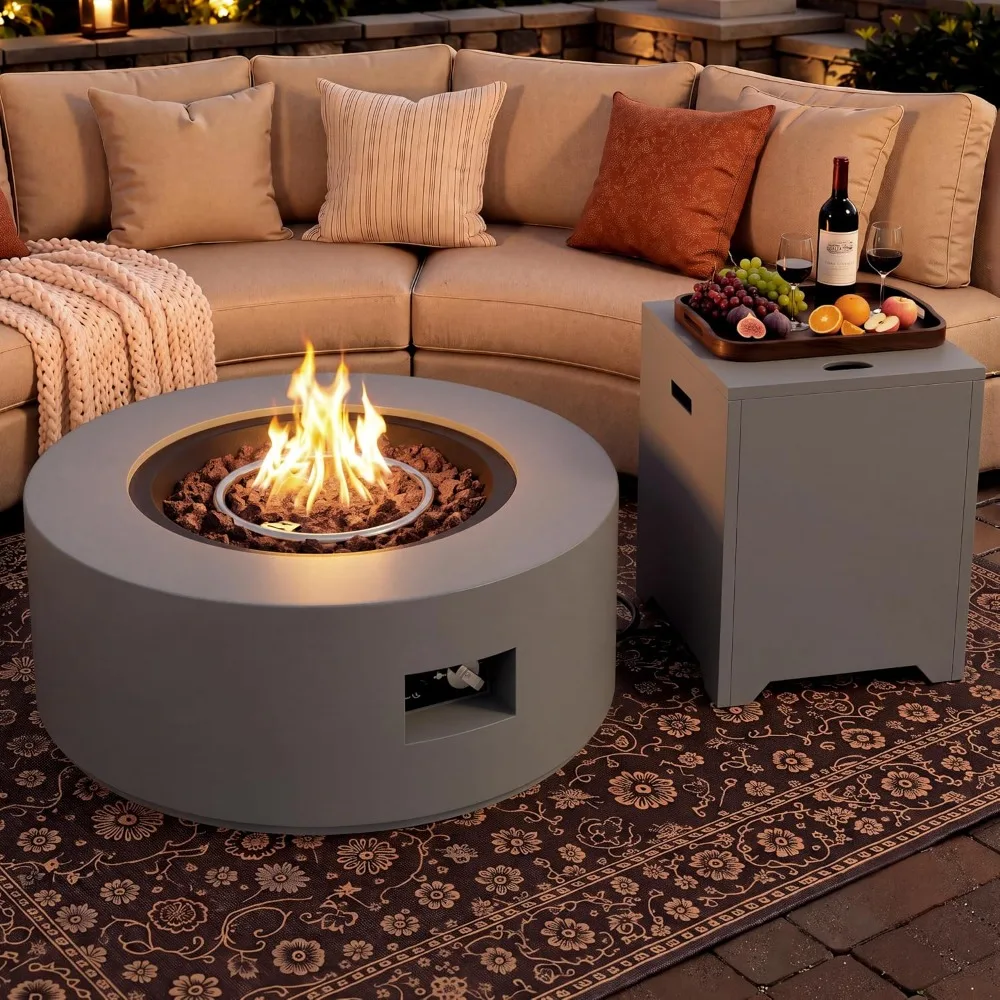 Outdoor Propane Fire Pit 30 Inch Round Fire Table with Lid Grey