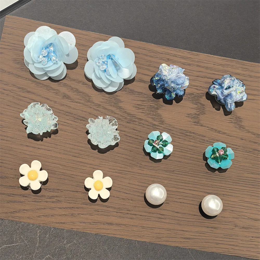 Shoe Charms Dark Blue Glitter Sequin Beaded Flower Clog Sandals Buckle Detachable DIY Decoration Premium Accessories