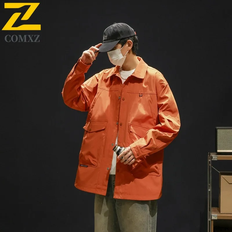 

COMXZ 2024, весенне-осенняя мужская рабочая одежда, куртка с лацканами, повседневная универсальная рубашка в американском стиле, большие размеры, пальто