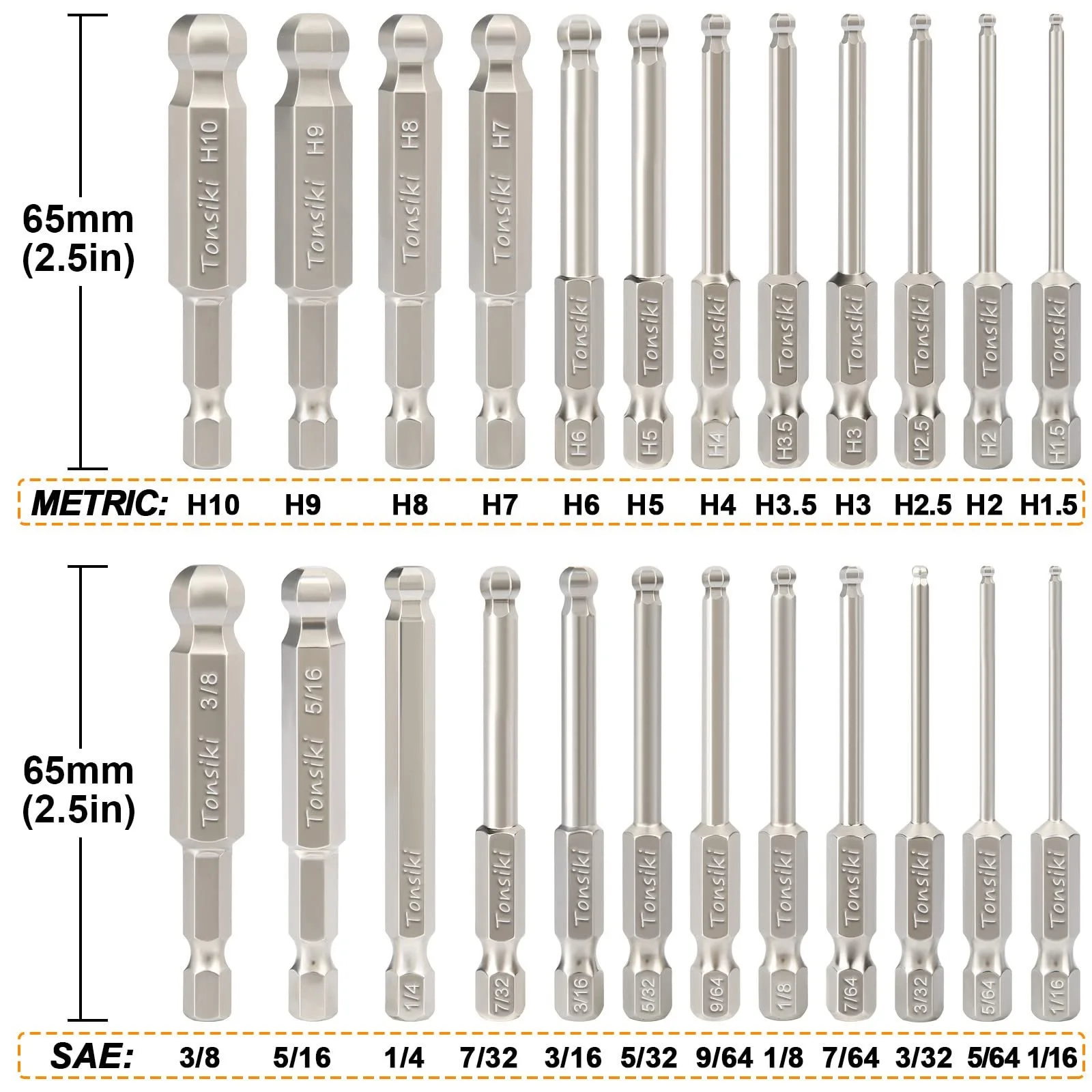 24 ชิ้น Ball End Hex ไขควง Bits ชุด 2.5 นิ้วความยาว SAE และเมตริก Hex Bit ชุดแม่เหล็ก Allen ประแจเจาะ bits h1.5 ~ h10