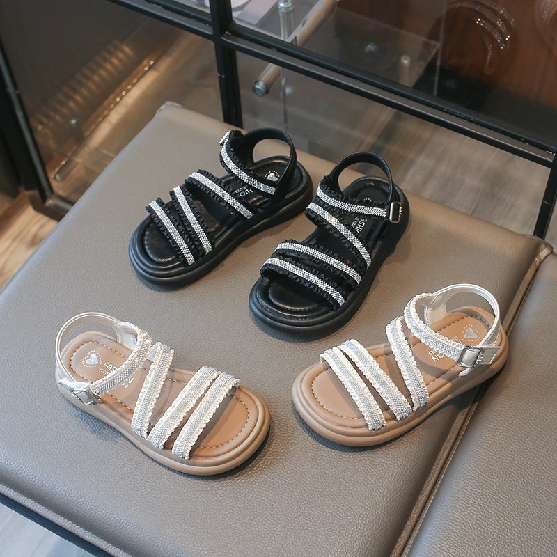 Children Ruffled Edge Sandals Summer New Girls Rhinestone Roman Sandals Thick Bottom School Causal Kids Open-toe Beach Sandals