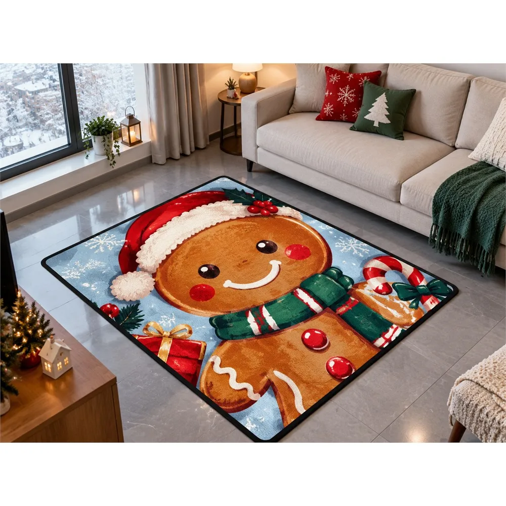 VIKAMA Christmas Ice Blue Gingerbread Flannel Door Mat, Soft Flannel Non-Slip Mat, Christmas Decor for Dining Room, Guest Room