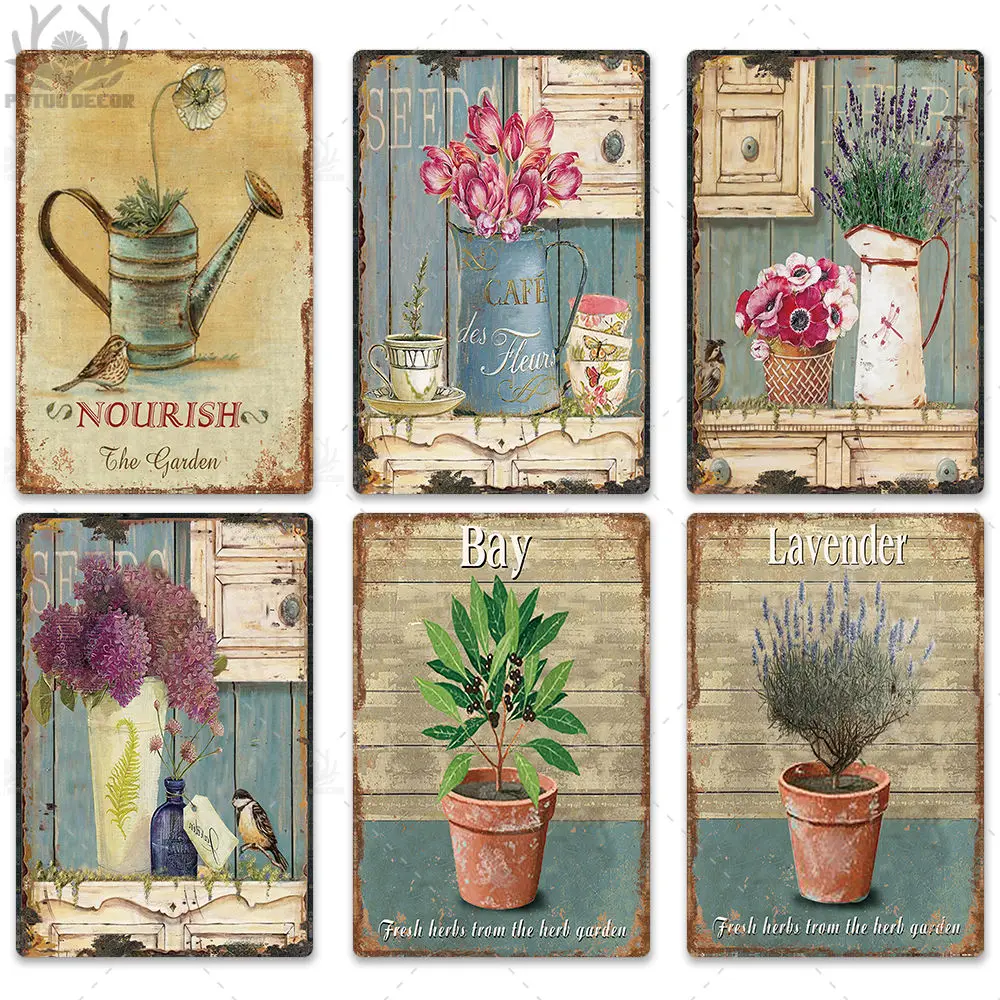 Flower Vintage Tin Sign Home Decor Retro Metal Sign Shabby Chic Wall Decor for Kitchen Living Room Dining Room Metal Plate