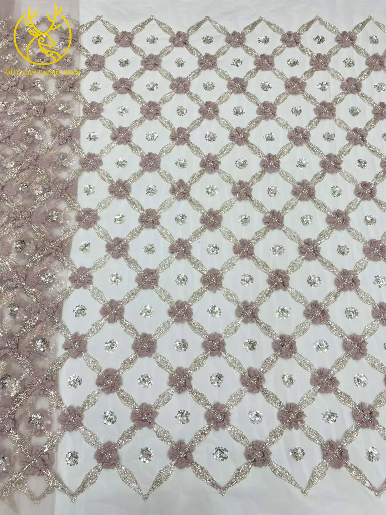 Eleganter, modischer nigerianischer 3D-Tüll-Pailletten-Spitzenstoff, hochwertiger afrikanischer Perlen-Spitzenstoff zum Nähen von Hochzeitskleidern, 5 Yards – Detail 11