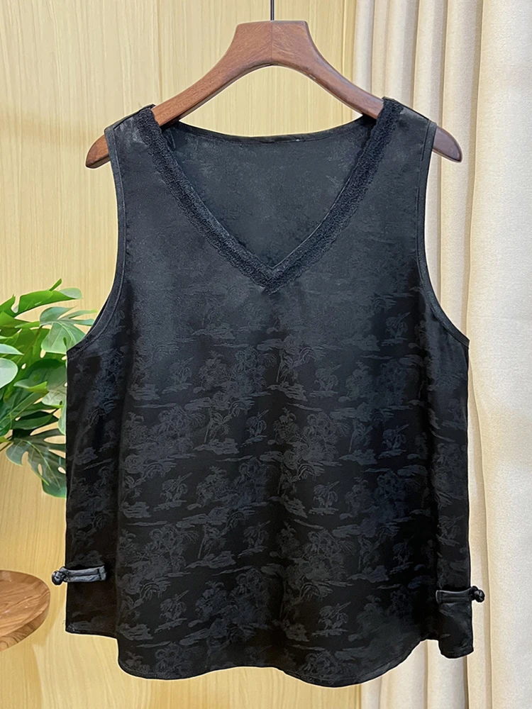 

Chinese Sle Vintage Satin Embroidered Button Vest Women Summer Thin Outerwear Lace V-ne Pullover Svel Top