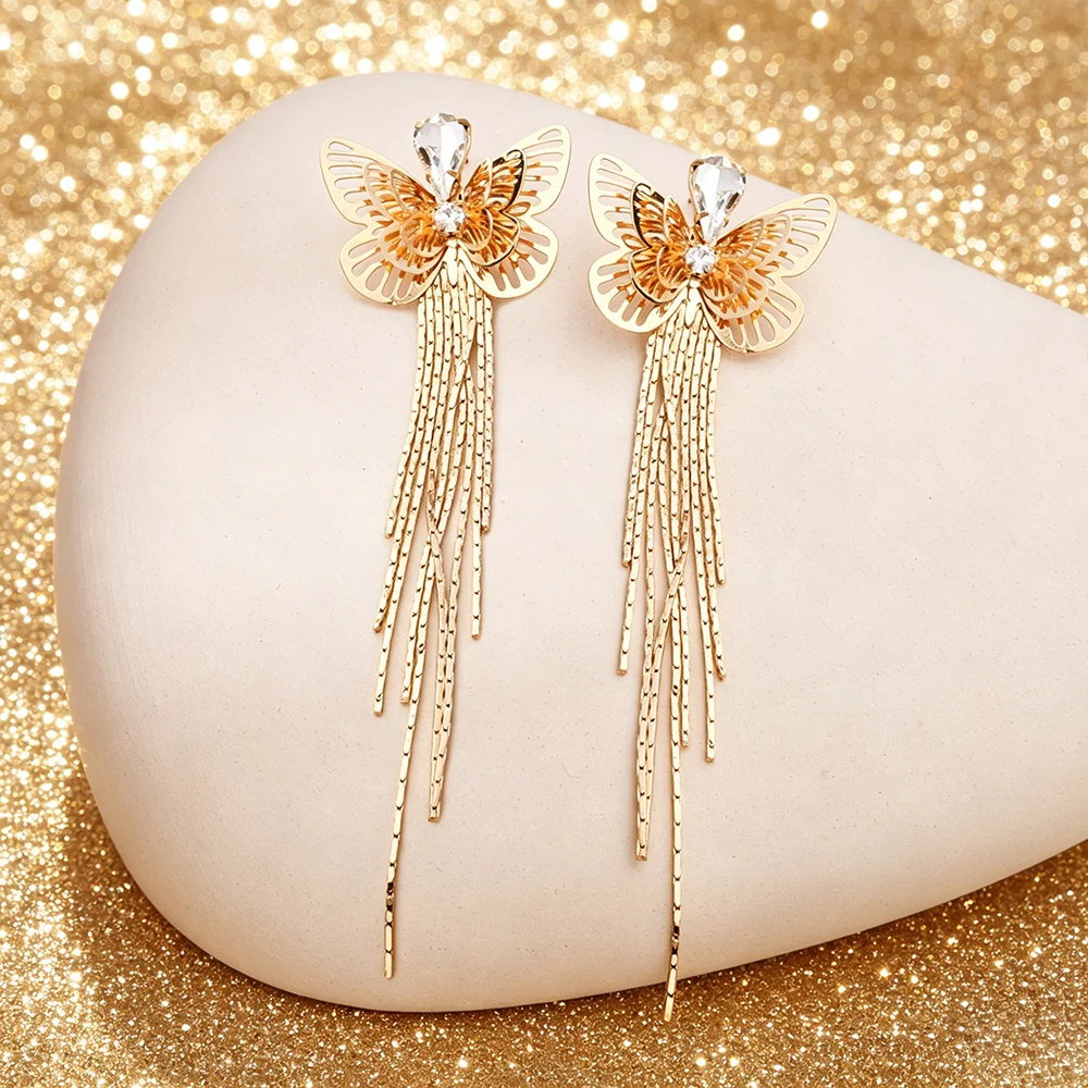 Light Luxury Butterfly Tassel Earrings for Women, Long Earrings with Diamonds, Suitable for Evening Dresses, High-End Niche Design Earrings