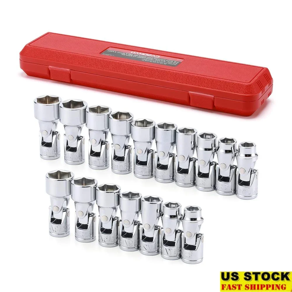 العالمي فليكس مجموعة مقابس 3/8 "محرك SAE & متري 3/8" إلى 3/4 "10 مللي متر إلى 19 مللي متر CR-V 6-Point رأس دوار 360 درجة الوصول 17 قطعة