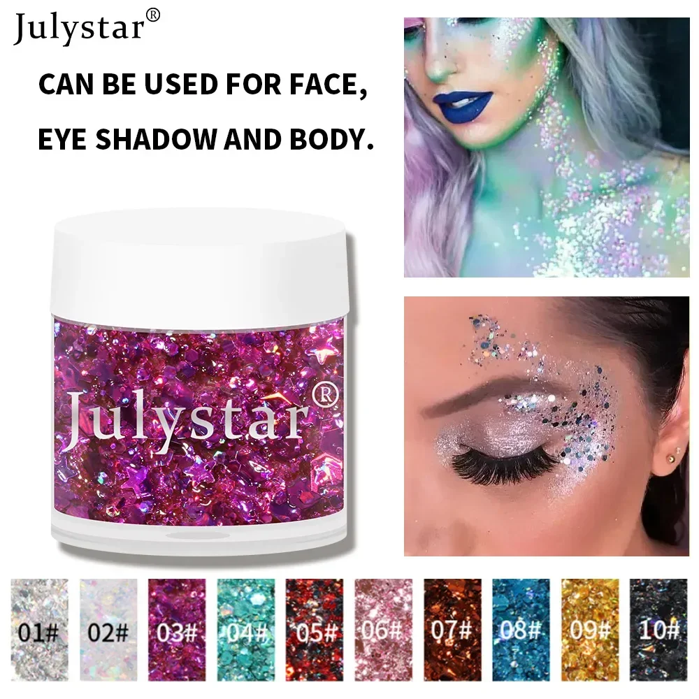 Julystar 10 Color Glitter Body Sequin Gel Waterproof Lasting Fashion Wielofunkcyjny żel do twarzy Sequin Gel Party Perform Cosmetics 10g