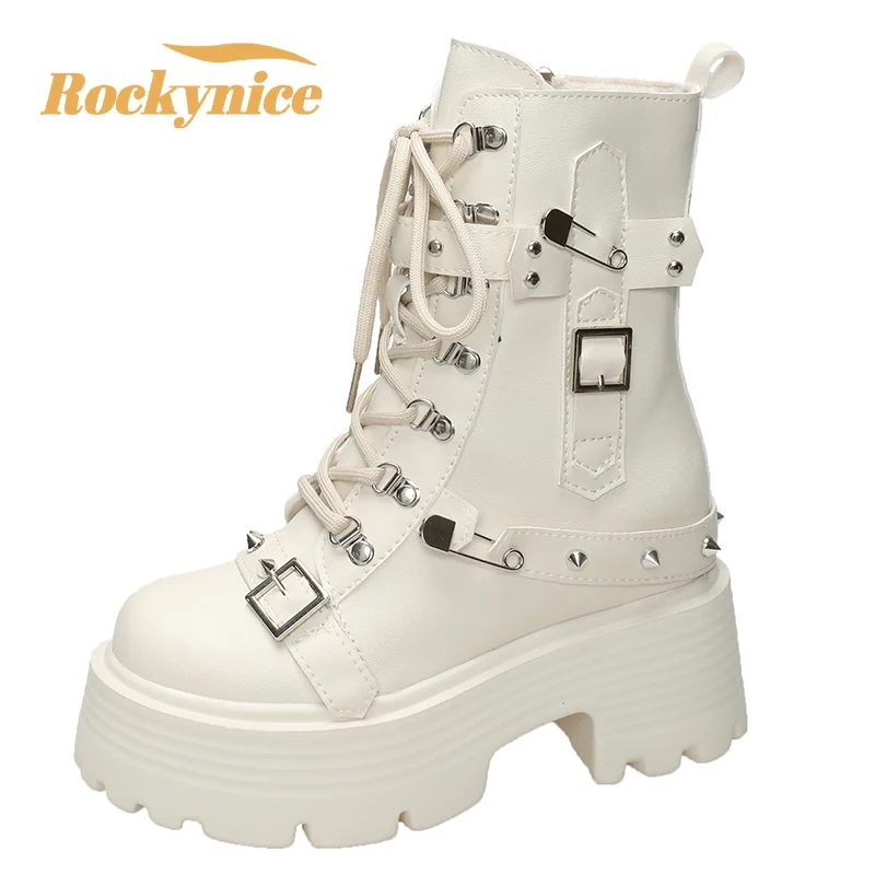 

Women Autumn Winter Warm Plush Punk Boots Fashion Chunky Leather Sneakers 9CM Wedge Buckle Rivet Platform Motorcycle Ankle Boots