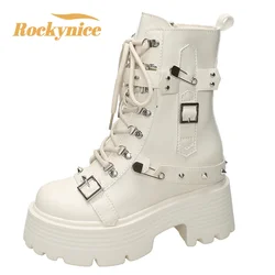 Women Autumn Winter Warm Plush Punk Boots Fashion Chunky Leather Sneakers 9CM Wedge Buckle Rivet Platform Motorcycle Ankle Boots