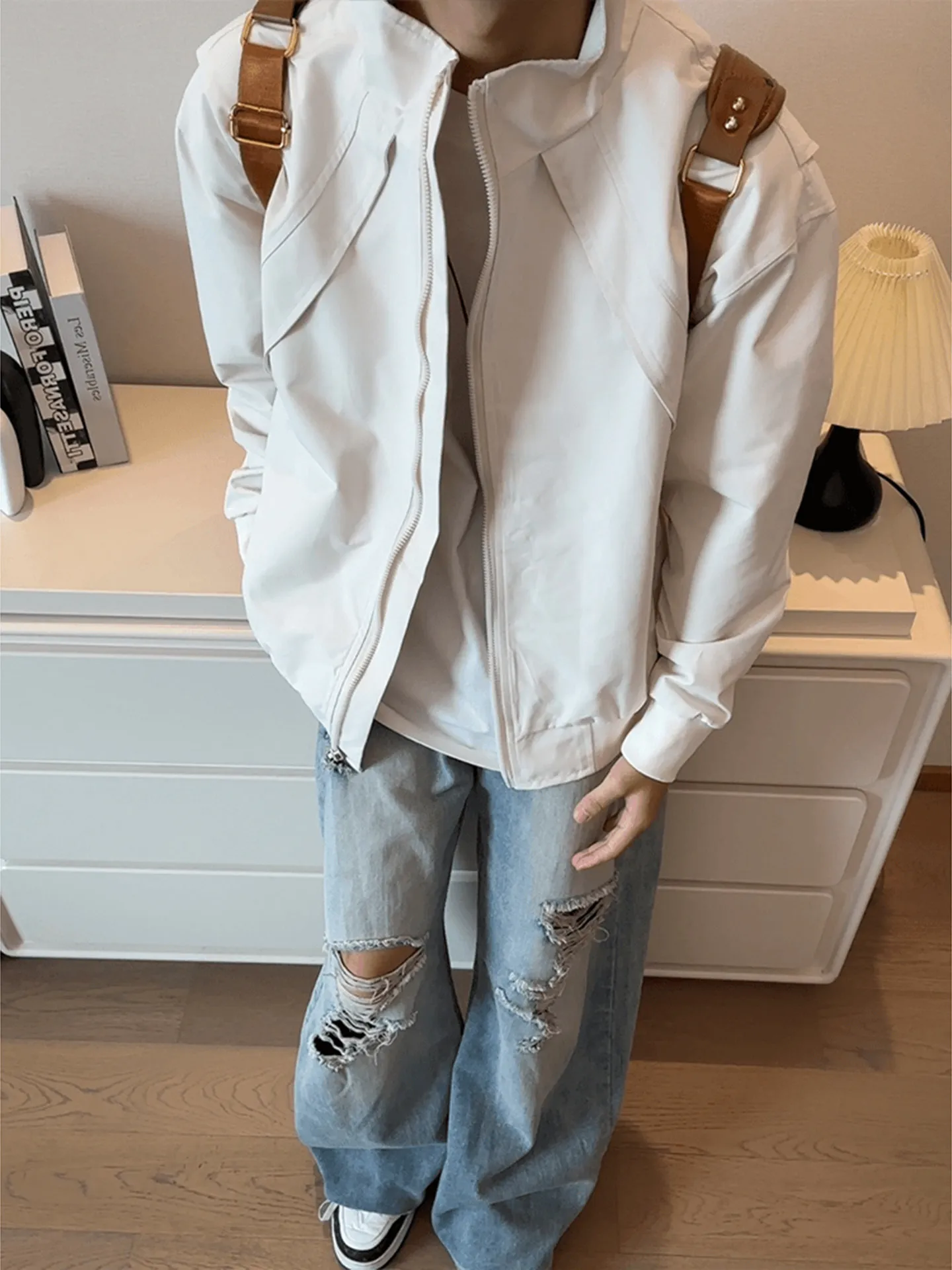 Short Flight Jacket Men's Style Deconstructed Patchwork Outdoor Three-Proof Fleece-Lined Stand Collar Spring Autumn Jacket