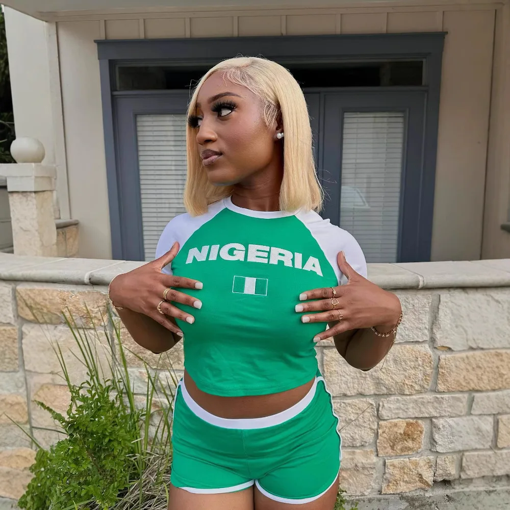 

2025 Summer Women's Top Set Green Letter Embroidered Aesthetic T-shirt Street Beautiful Clothing Top