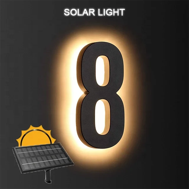

6 Inch Floating Solar House Number Light Outdoor Advertising Waterproof IP65 Metal Black Illuminated Backlight Hotels