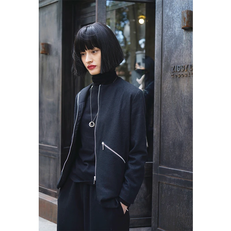 

Unular k Crtsman Sle Zipper round Ne ket Small Suit Commute Thin Woolen Coat Pure Color Simple Straight Cut