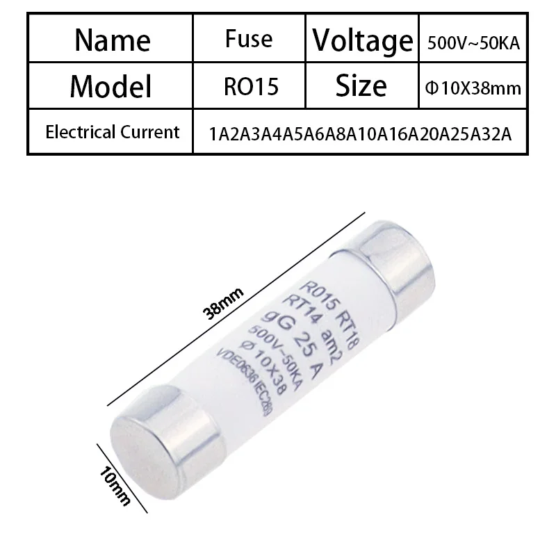 10*38 Fast Blow Ceramic Fuse 10x38mm Fuse 500V 1A 2A 3A 4A 5A 6A 8A 10A 16A 20A 25A 32A RO15 RT14 RT18